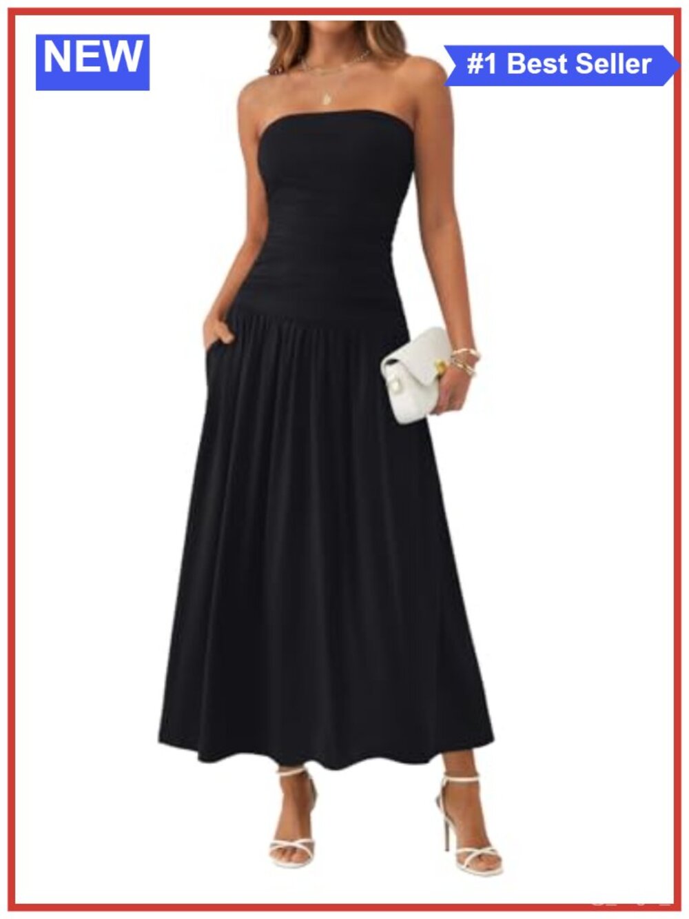 Women Strapless Tube Top Drop Waist Maxi Dress with Pockets